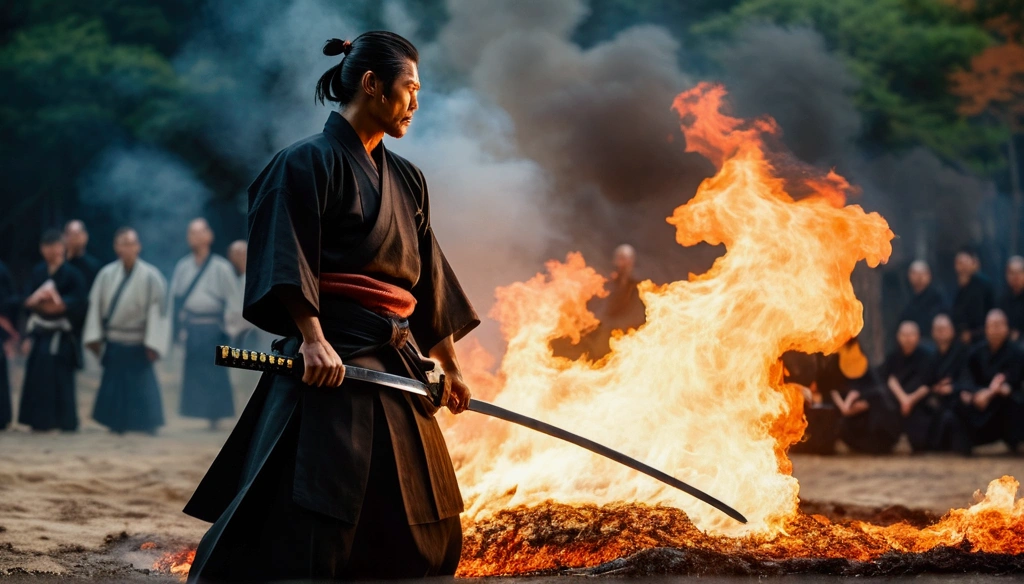 Samurai with a sword, Realistic effect of wearing black hakama, Blur the background, 8K, Fire burning on the ground,