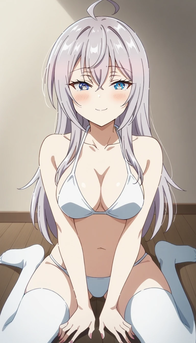 (anime art style:0.1), 2d, masterpiece, best quality, very aesthetic, absurdres, dynamic shadows, atmosferic, alisa_mikhailovna, (1girl), (grey hair), long hair, blue eyes, detailed eyes, ahoge, hair between eyes, bangs, medium breasts, curvy body, makeup, intense blush, collarbone, (sexy smile), bikini, white thighhighs, sexy smile, (upper body), ((wariza)), looking at viewer, skinny, attractive body, facing viewer