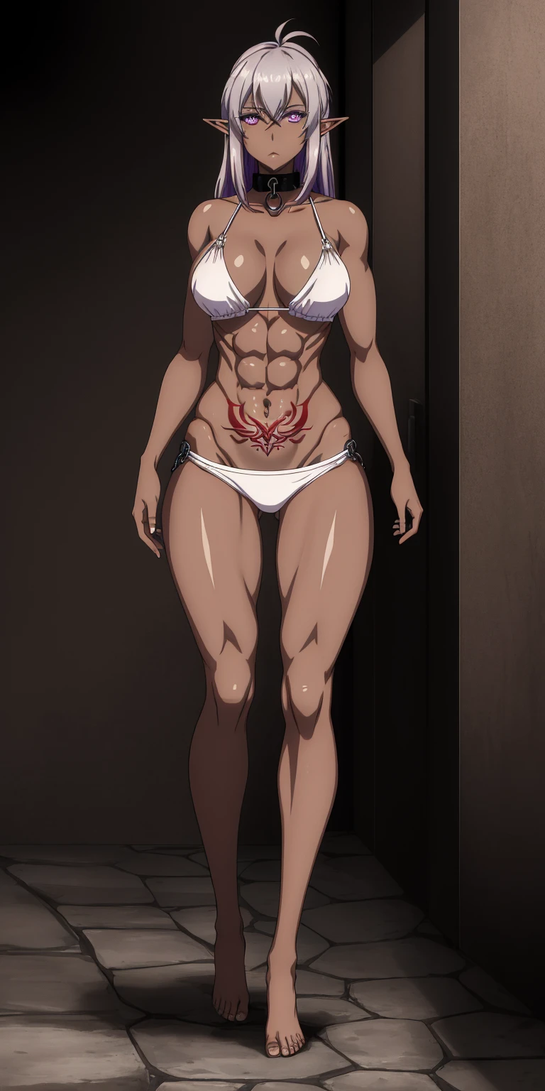 ((1woman)) whole body, standing, gray skin, drow, elf, 1 girl, maduro, purple eyes, by white, black bikini, ABS, Large knockers, tattered rags, chain collar, stomach tattoo (red tattoo)