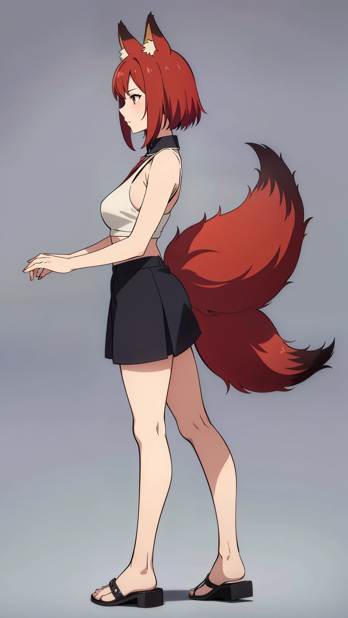 (1girl,20 years old,),red hair,short hair,(simple background),profile,fox tail,fox ears,fullbody,bare