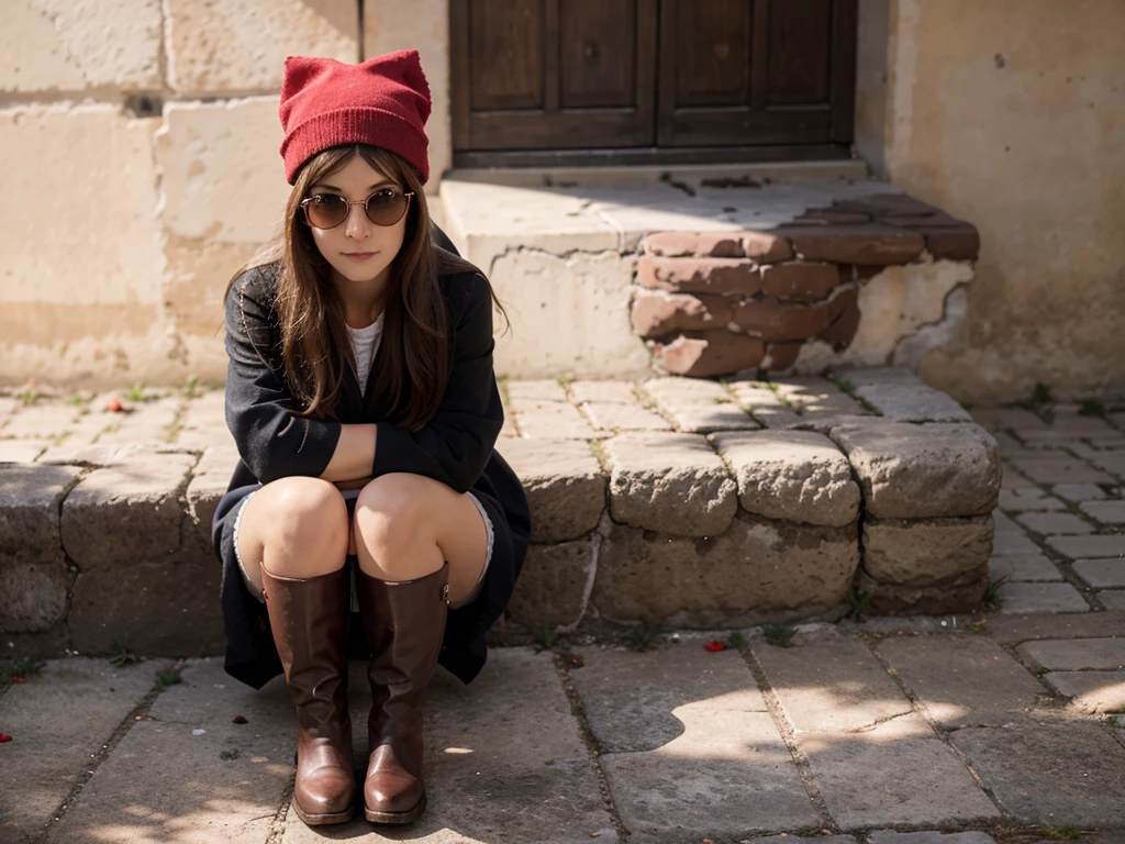 Une autruche portant des lunettes de soleil et des bottes rose. Elle a une casquette rouge et des grands yeux avec de grands cils..