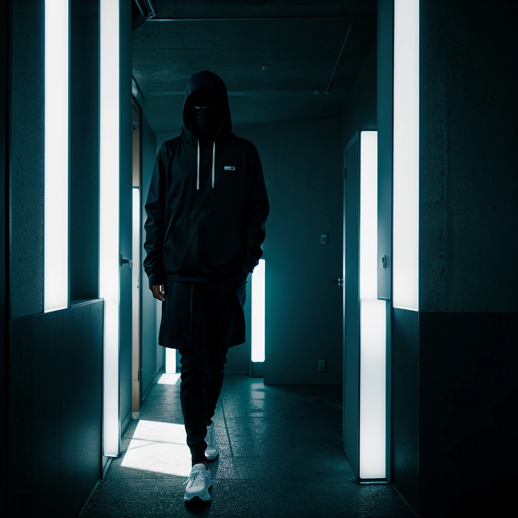 masked hooded man color corridor neon liminal space cold light tamisé omoide tokyo