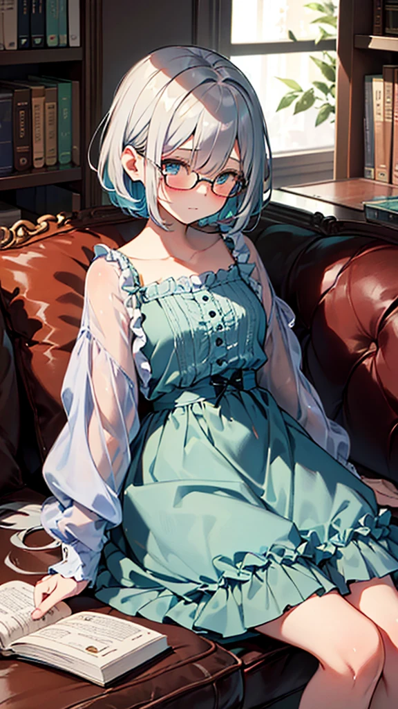(masterpiece), (best quality), ((very detailed)), (very delicate), (A young girl),, silver short hair. Soft, shiny hair. Clear cyan droopy eyes, long bangs covering her eyes. Wears glasses to avoid eye contact., Cute frilly dress with detailed textures, Luxurious room with bookshelves and fancy furniture. Often reading books,Shy, always looking down, lacking confidence, on the verge of tears
