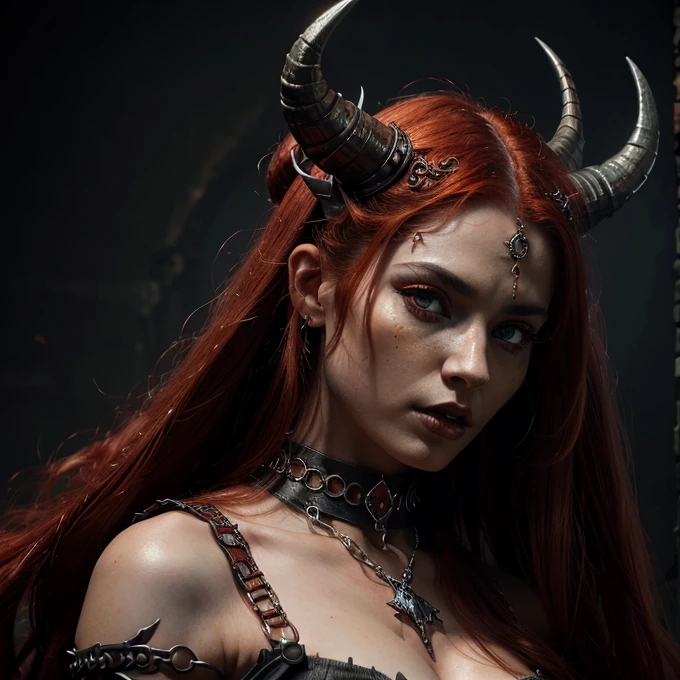 1 Demon woman with horns, fiery red long hair, ultra detailed face and eyes, hyperrealistic, realistic representation, 30 years old, dancing in hell, pretty face, her clothes consist of chains,  full body view 