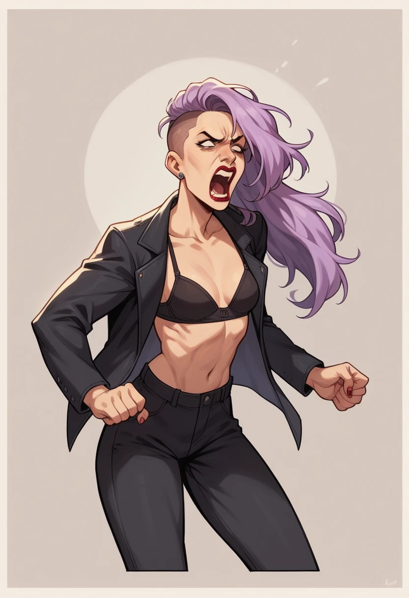 beautyful woman, lilac hair, red lipstick, sidecut hair, long hair, long ponytail hair, black bra, black jacket, black pants,, milf, mature, slender body, small breasts, mature face,in a hurry, tense, screaming, quarrel, leaning in a bed border