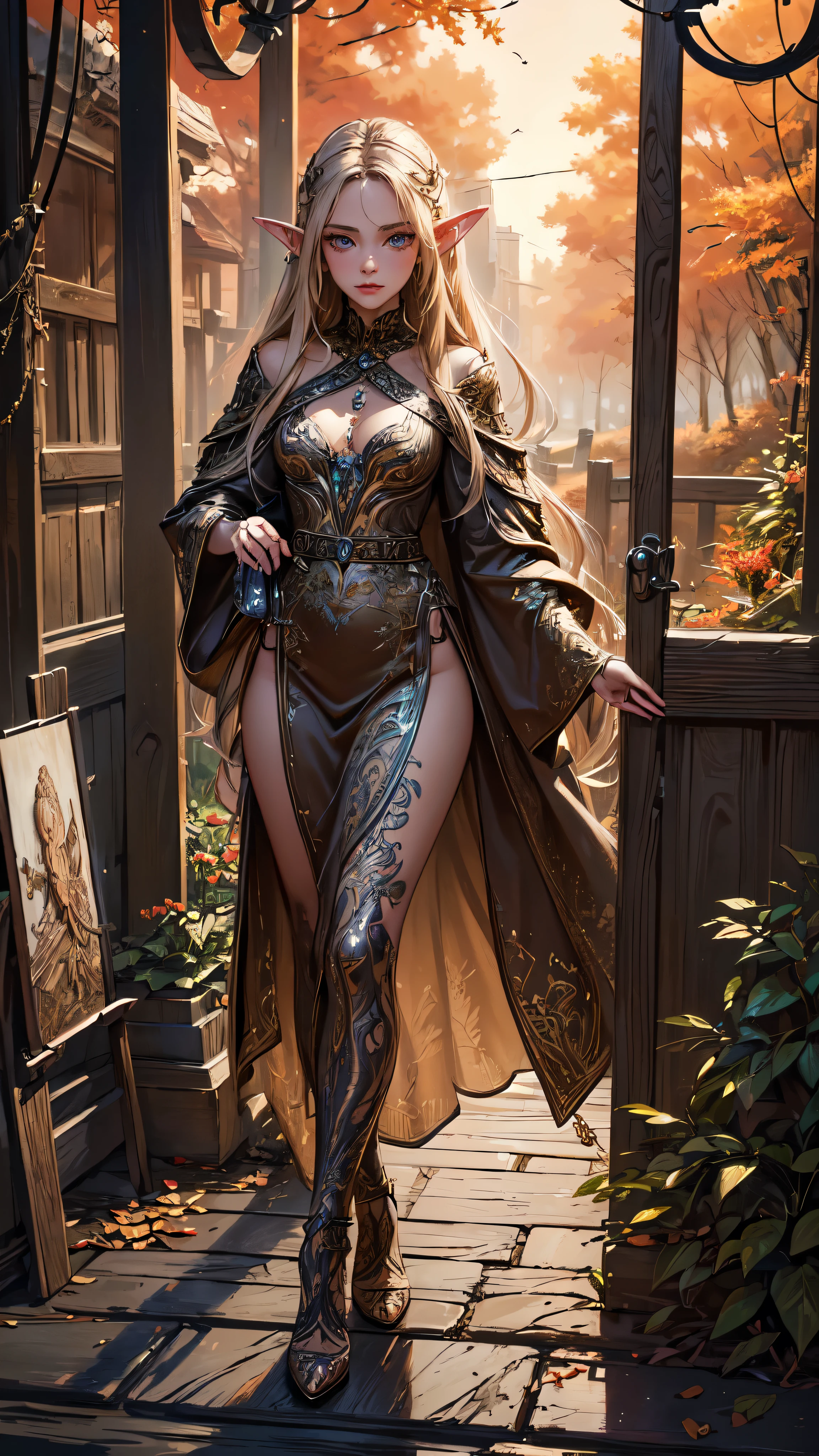 ((highest quality)),(Ultra-high resolution),(Very detailed),(Detailed Description),((The best CG)),(A masterpiece),Ultra-detailed art,Amazing drawing art,(Art with exquisite detail:1.5), narrow road, Autumn winds, Broke up, dusk,detailed face, detailed eyes, detailed hands, elf woman, full body
