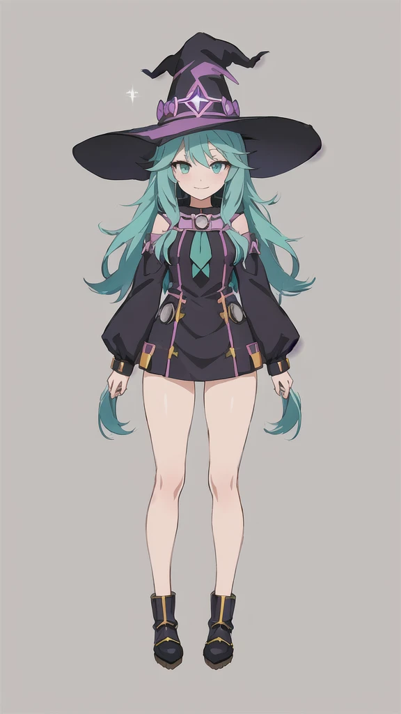 a cartoon girl in a witch costume with a hat and boots, witch girl, astral witch clothes, flirty anime witch casting magic, bright witch, full body character design, witchcore clothes, witch academia, anime full body illustration, anime character design, dark witch character, mechanized witch girl, witch clothes, , anime in fantasy style