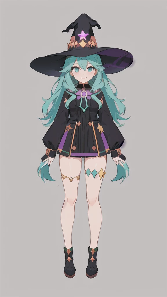 a cartoon girl in a witch costume with a hat and boots, witch girl, astral witch clothes, flirty anime witch casting magic, bright witch, full body character design, witchcore clothes, witch academia, anime full body illustration, anime character design, dark witch character, mechanized witch girl, witch clothes, , anime in fantasy style