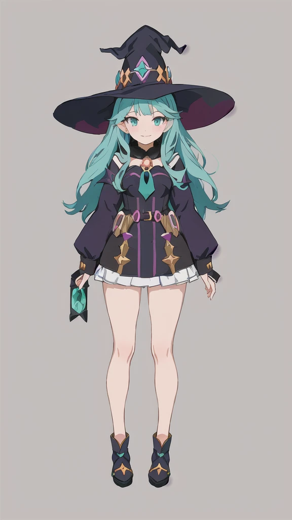 a cartoon girl in a witch costume with a hat and boots, witch girl, astral witch clothes, flirty anime witch casting magic, bright witch, full body character design, witchcore clothes, witch academia, anime full body illustration, anime character design, dark witch character, mechanized witch girl, witch clothes, , anime in fantasy style