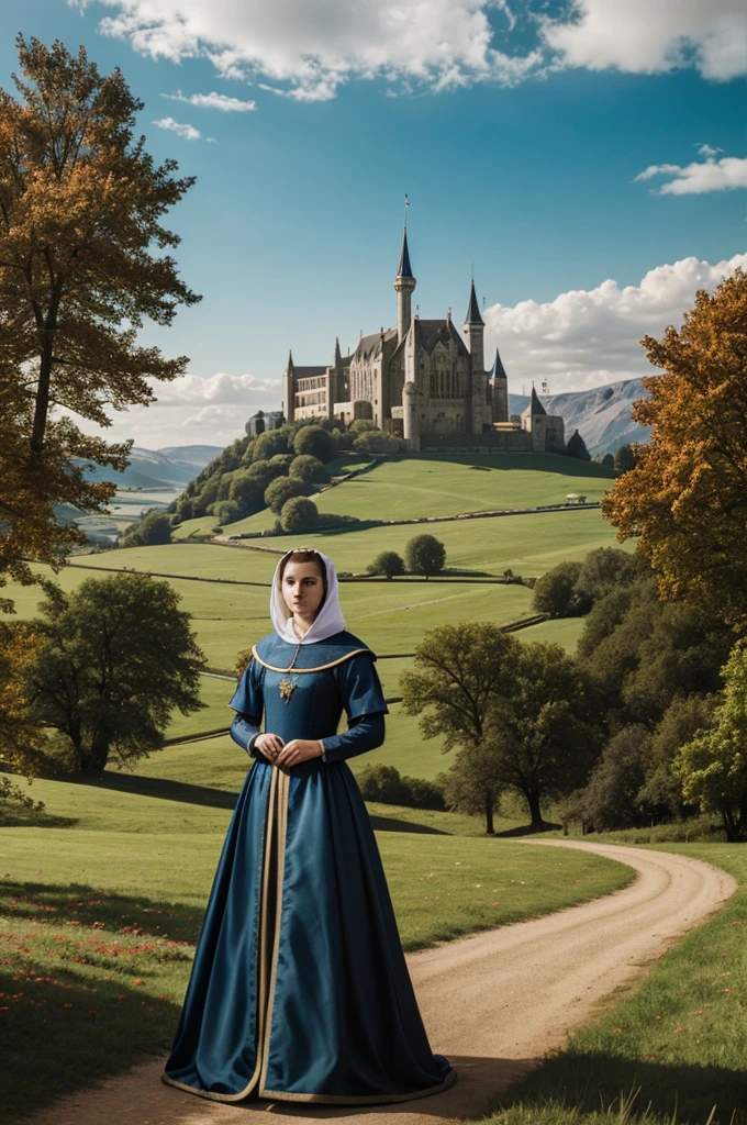 Create an image with a background of a fantastic landscape and 7 people, two women in medieval clothing