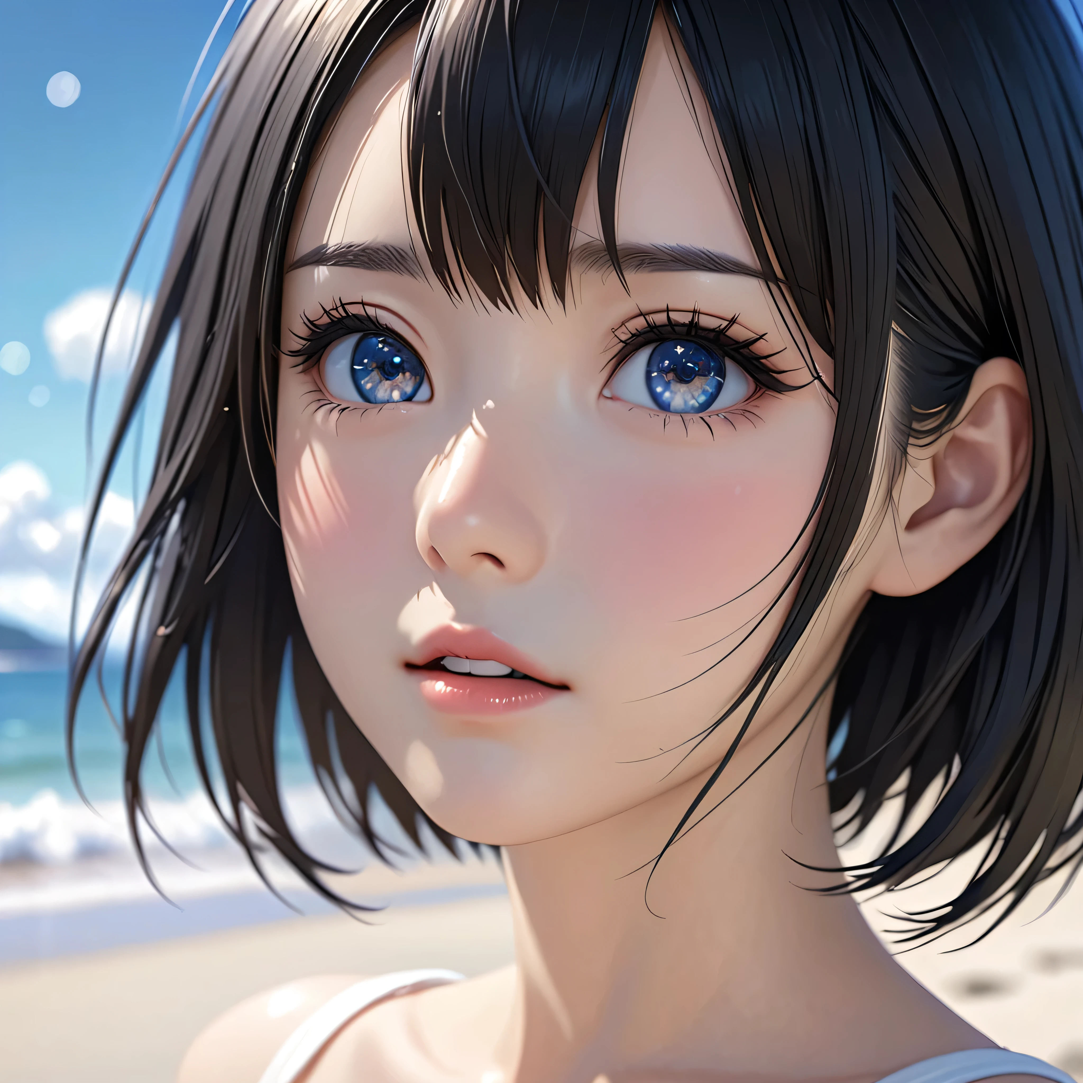 National Science Foundation,masterpiece,High resolution,8K,Art,digit,Three-dimensional,Realism,Kyoto Animation Style,your name movie style,looking into camera,On the scenic beach,(1 girl: 1.3),(alone: 1.4),Upper body nudity,Scissorhands,Black hair,Long eyelashes,Slender legs,Short Bob,Close-up of upper body,Close-up,(Close up),Eyes as deep as the starry sky,shy,blush,open mouth