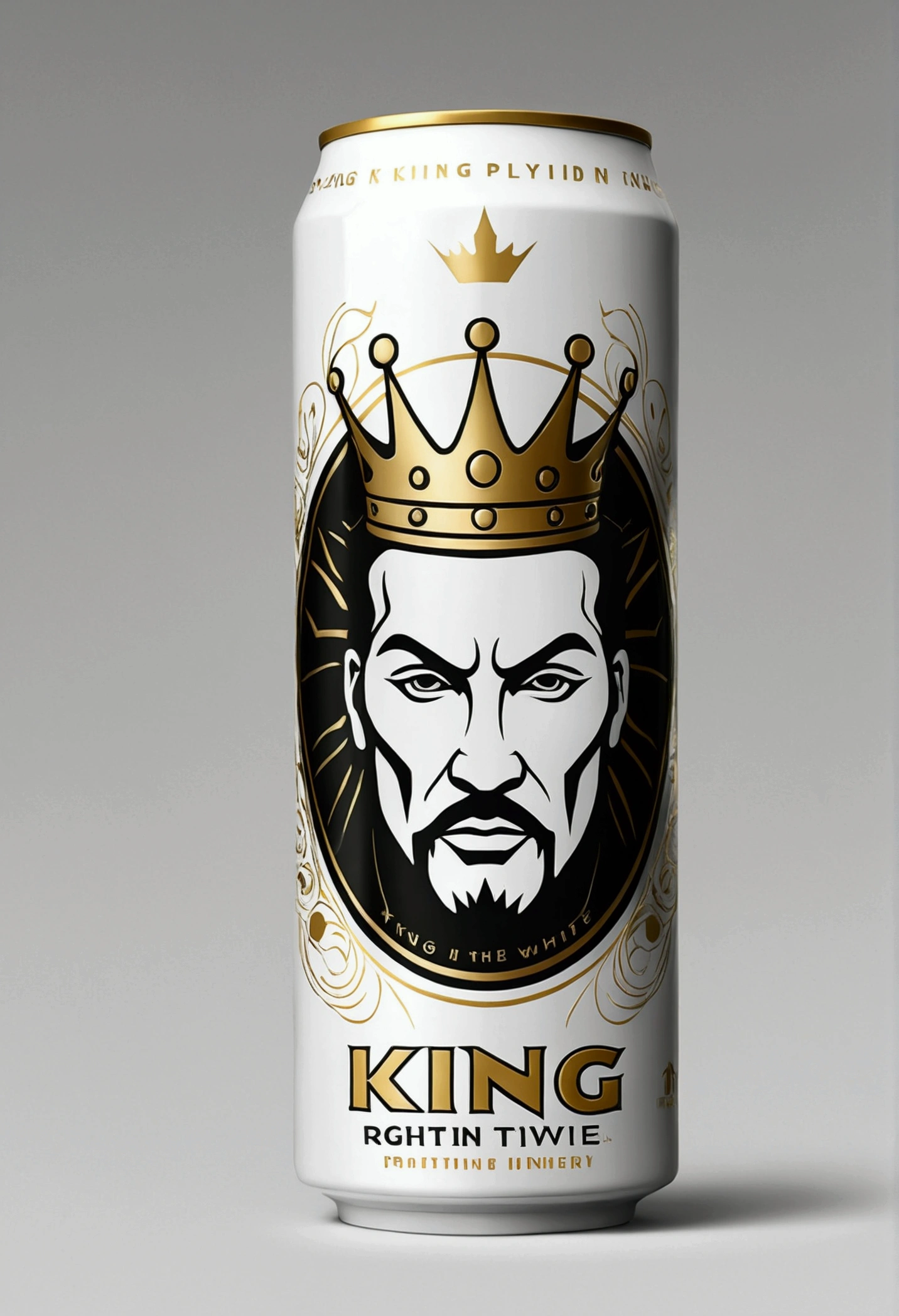 An energy drink can that says the King in white and the logo is black with gold accents on the edge