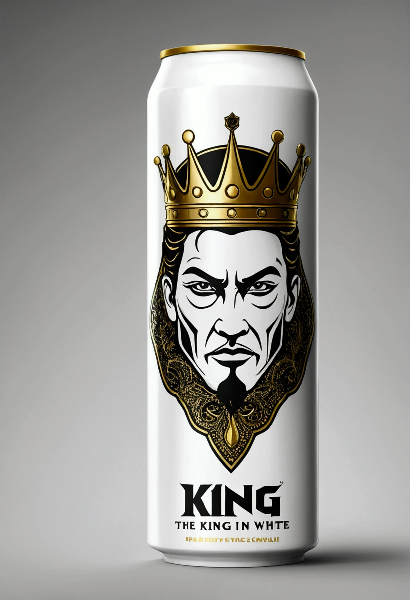An energy drink can that says the King in white and the logo is black with gold accents on the edge