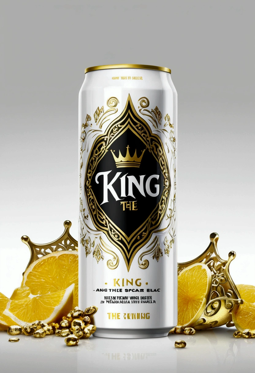 An energy drink can that says the King in white and the logo is black with gold accents on the edge