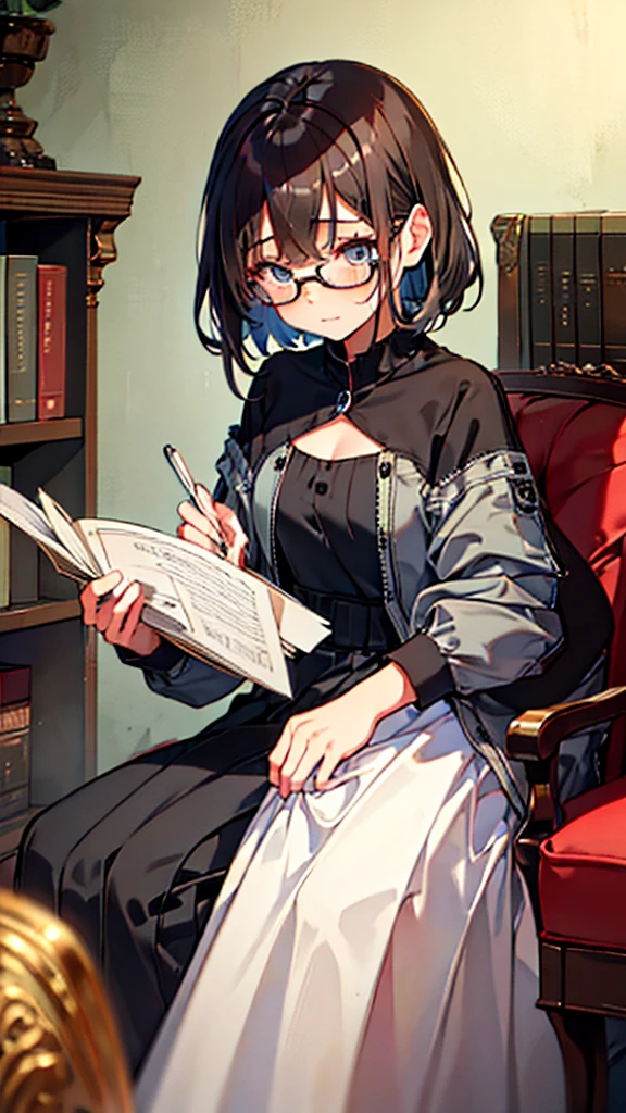 (masterpiece), (best quality), ((very detailed)), (very delicate), (A young girl),, silver short hair. Soft, shiny hair. Clear cyan droopy eyes, long bangs covering her eyes. Wears glasses to avoid eye contact., Cute frilly dress with detailed textures, Luxurious room with bookshelves and fancy furniture. Often reading books,Shy, always looking down, lacking confidence, on the verge of tears