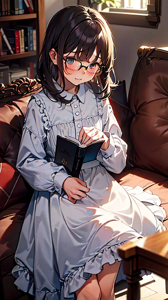 (masterpiece), (best quality), ((very detailed)), (very delicate), (A young girl),, silver short hair. Soft, shiny hair. Clear cyan droopy eyes, long bangs covering her eyes. Wears glasses to avoid eye contact., Cute frilly dress with detailed textures, Luxurious room with bookshelves and fancy furniture. Often reading books,Shy, always looking down, lacking confidence, on the verge of tears