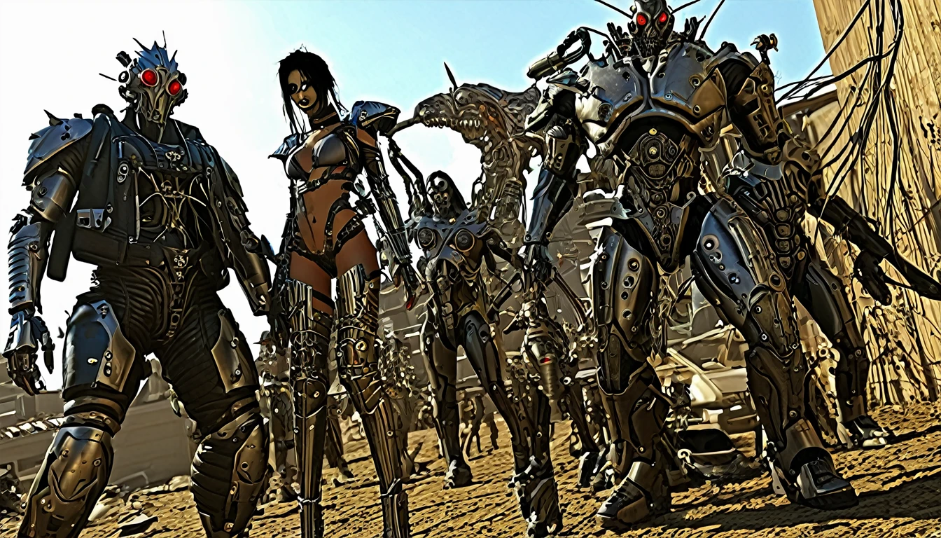in (full shot:3.1) of lot of characters from (Heavy Metal Magazine:3.1), inspired by Clyde Caldwell art, in Cyberpunk apocalypse in chaotic world, monsters and robots, (with Creepy, Sci-Fi, Fantasy and Horror:2.9) retro sci fi, Horror movie, ((Cinematic film)), ((Ultra Detailed)), Complex, ((Sharp Focus)), Object Texture, Studio Photo, Complex Details, ((Highly Detailed)), Photo Real Style, ((Hyper-realistic)), High Dynamic Range, ((Realistic Textures)), 8K UHD, Nikon D 850, Kodak Portra 400, Fujifilm XT, 3D rendering