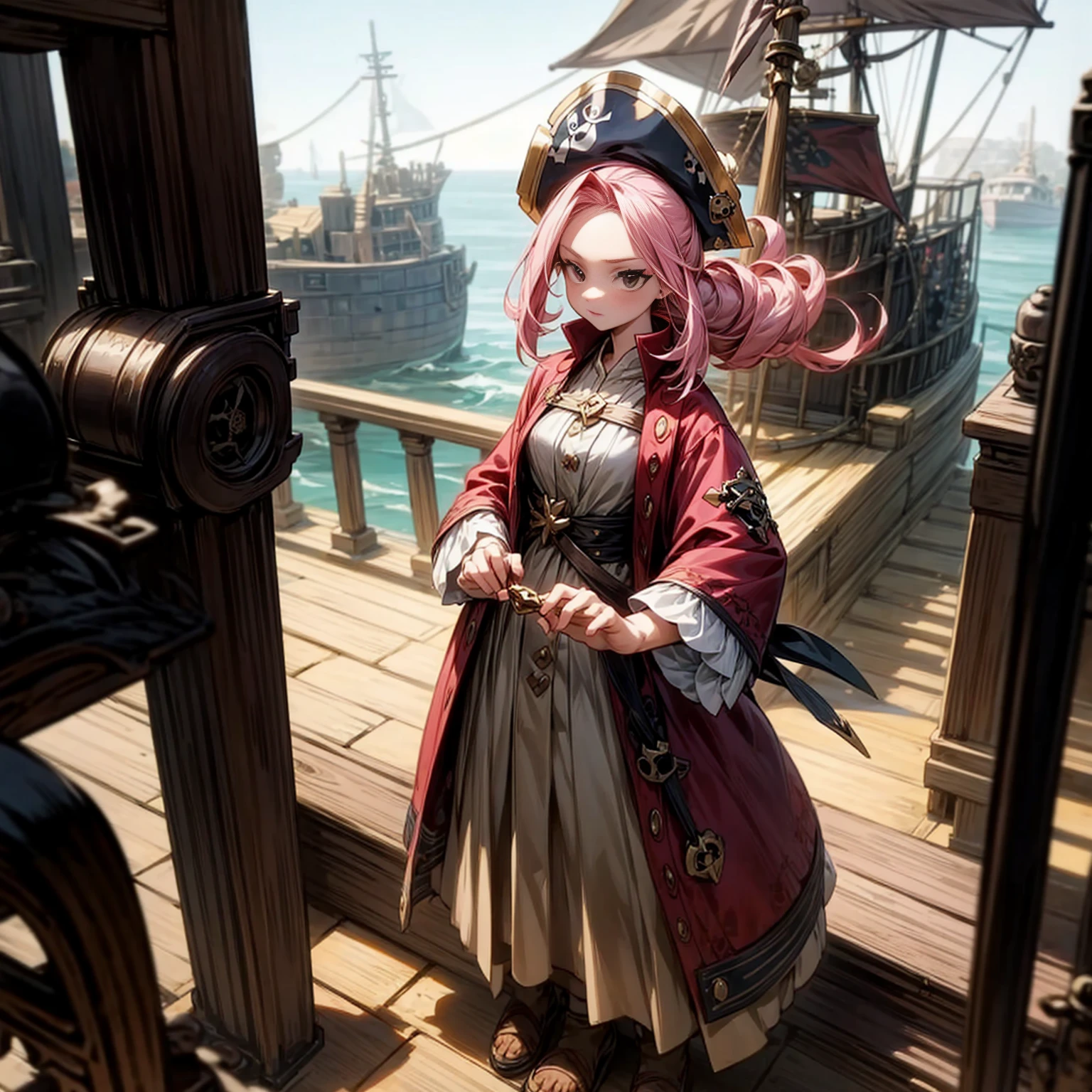 1girl, Full body version, 1character, girl version, black eyes, long Curly haircut, pink colour hair, ancient pirate style clothing, red colour clothing, Grassroots, background in the ship, motion blur, (pokemon style), standing gesture, pirate hat,