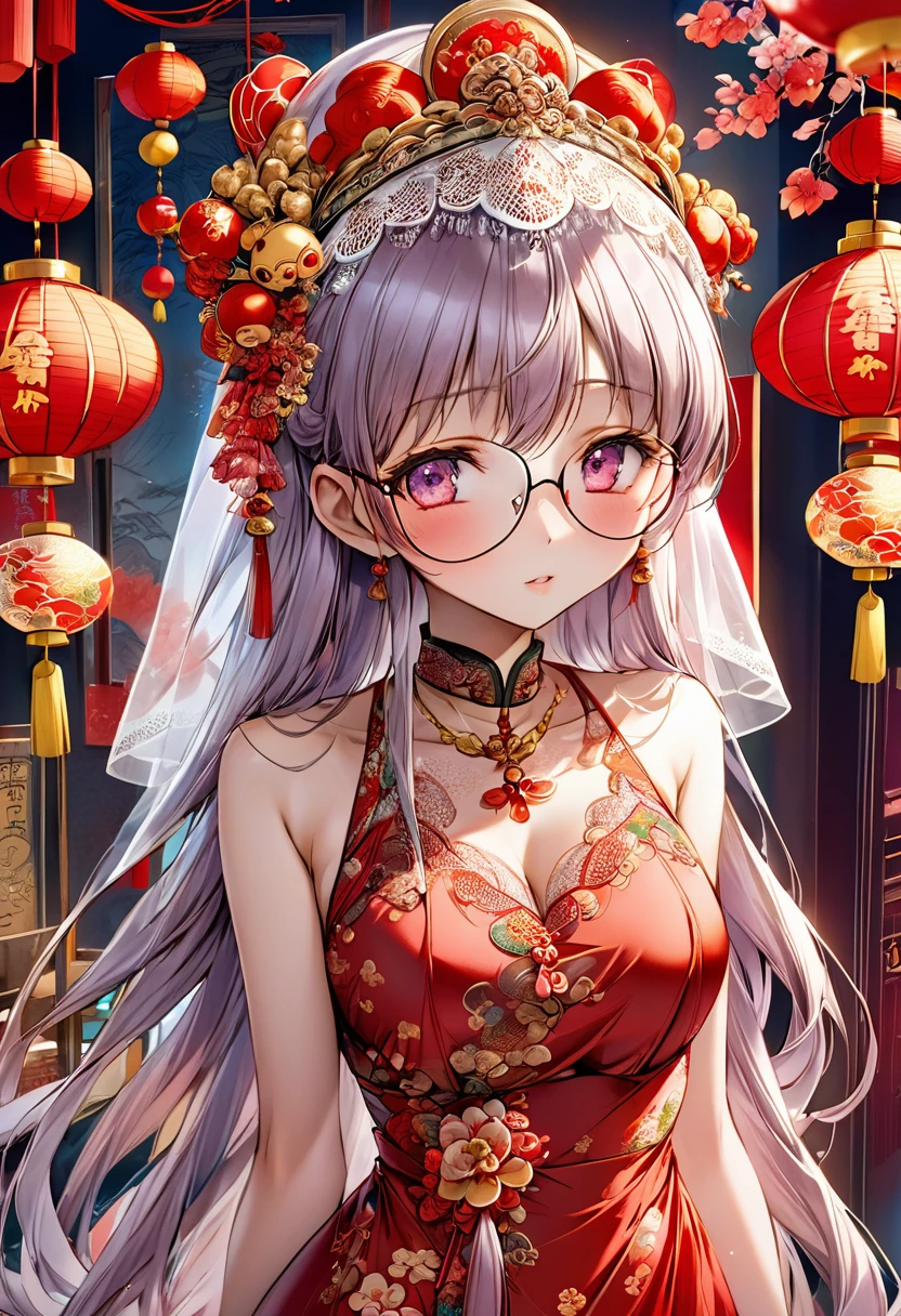 very long hair,（（（Eyes are very delicate）））（（（hair accessories）））（（（Veil）））,necklace,Misako wears a red transparent sexy silk dress, ((skin glowing))The room is filled with Chinese New Year decorations（（（masterpiece）））, （（best quality））, （（intricate details））, （（surreal））（8K）Glasses