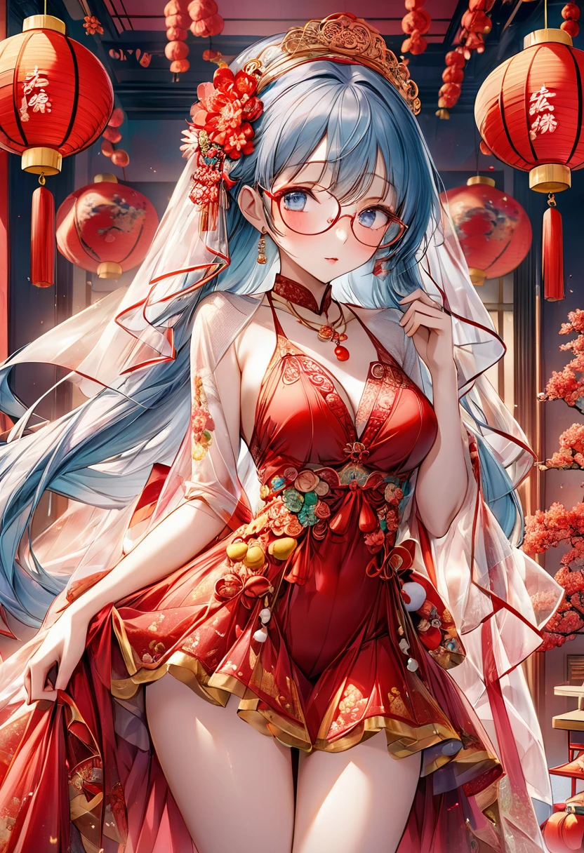 very long hair,（（（Eyes are very delicate）））（（（hair accessories）））（（（Veil）））,necklace,Misako wears a red transparent sexy silk dress, ((skin glowing))The room is filled with Chinese New Year decorations（（（masterpiece）））, （（best quality））, （（intricate details））, （（surreal））（8K）Glasses