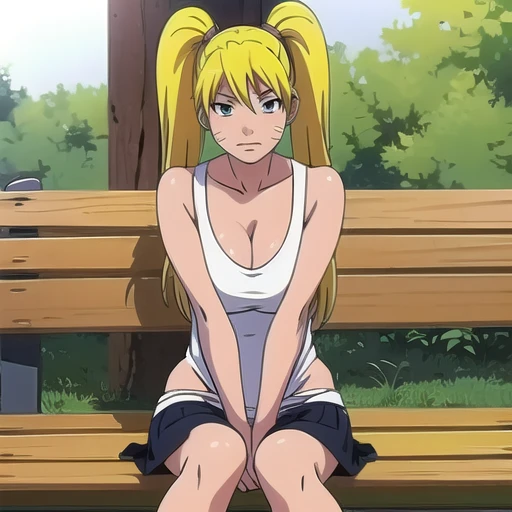 Naruko Uzumaki sitting on a bench with her arms crossed under her breasts