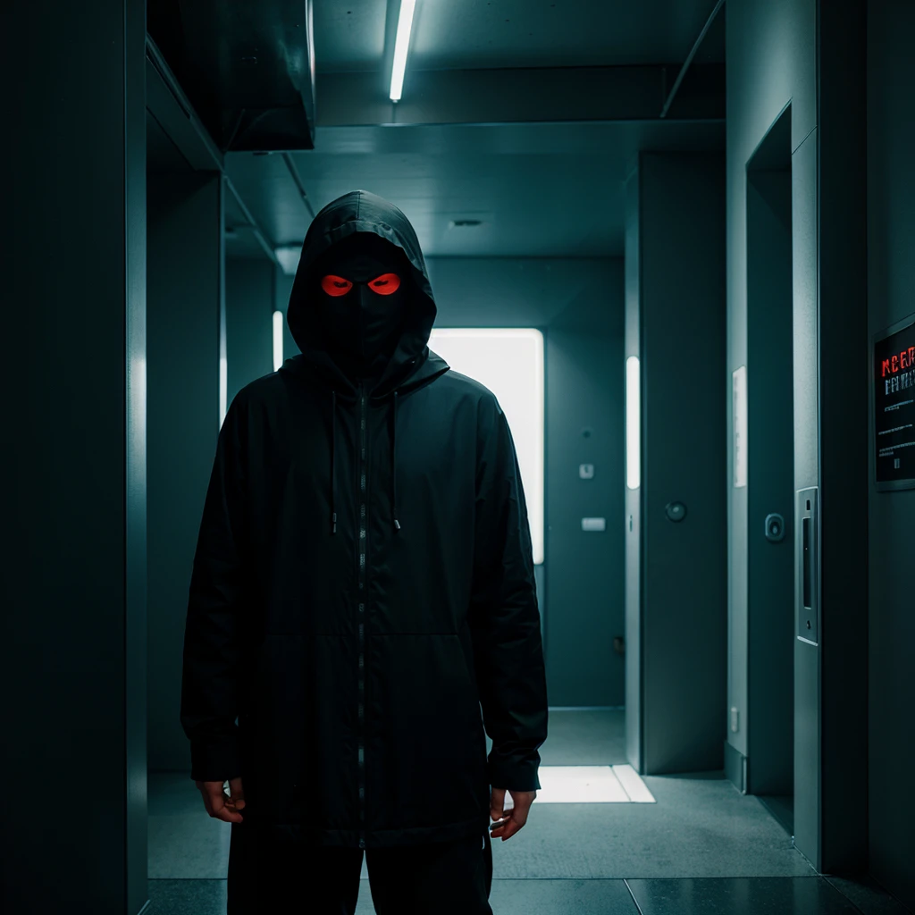 masked hooded man color corridor neon liminal space cold light tamisé omoide tokyo