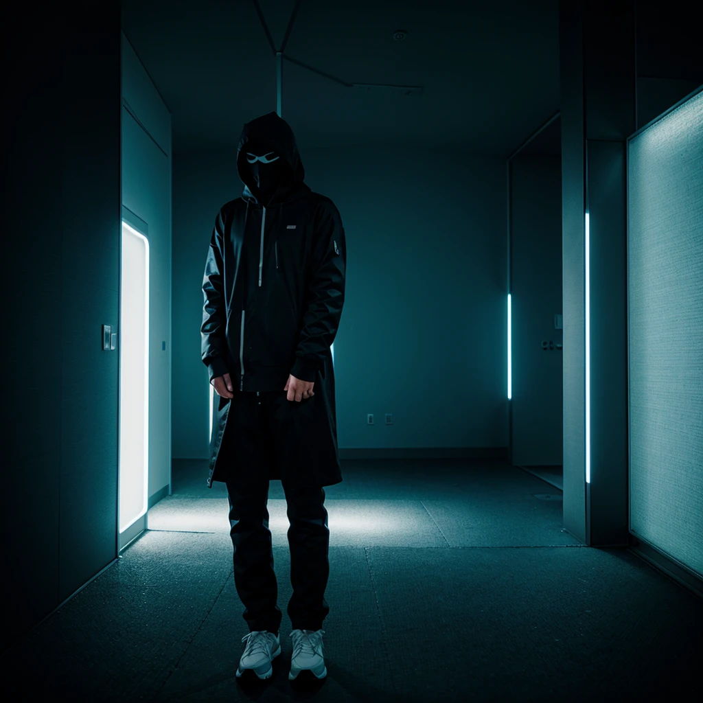 masked hooded man color corridor neon liminal space cold light tamisé omoide tokyo