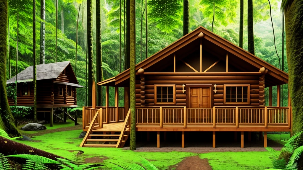 A wooden cabin in the middle of the rainforest, one of the walls with windows forms a face (pareidolia), ultra-realistic, high definition, 4K