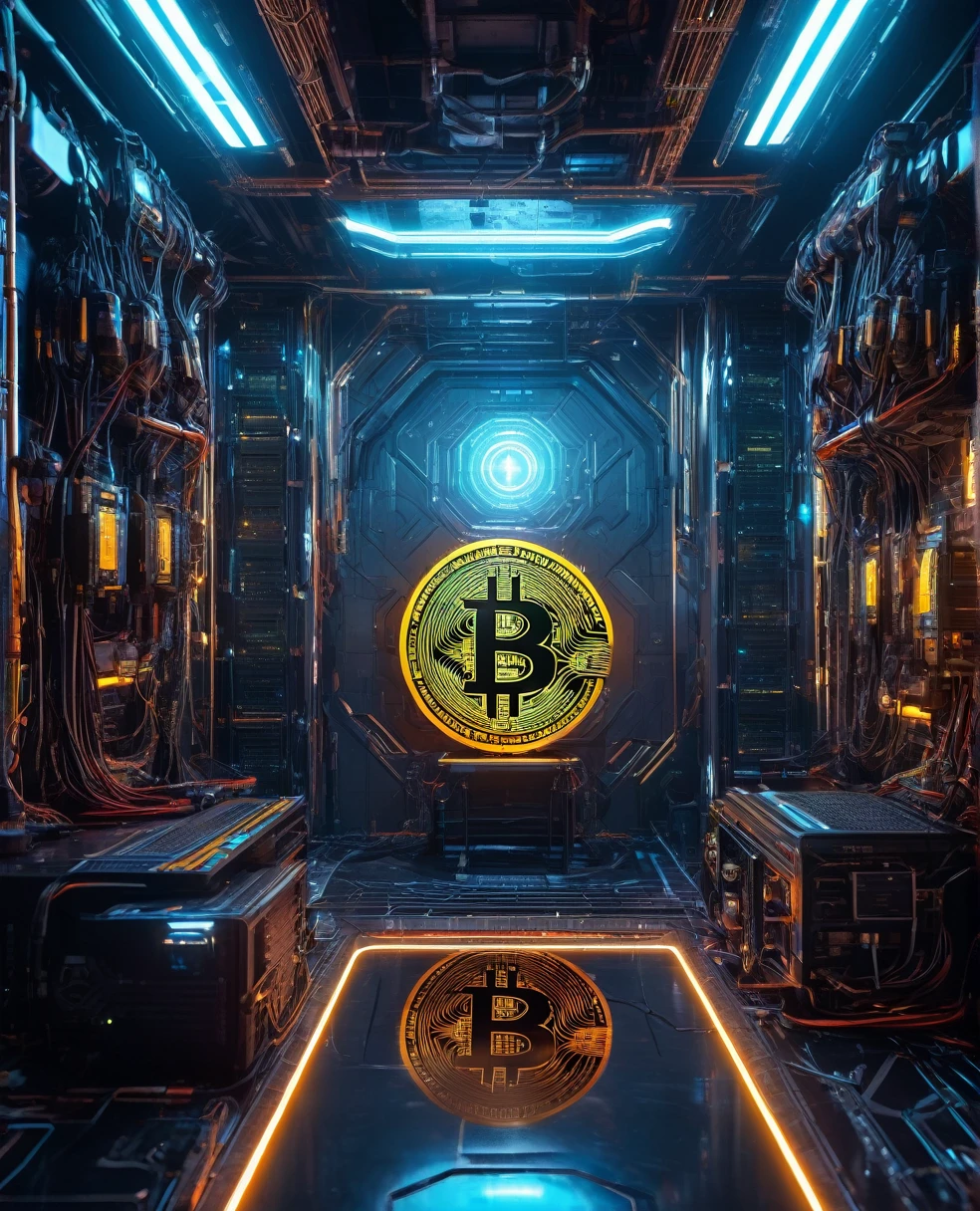 A futuristic room with highly technological miners mining Bitcoin, the Bitcoin symbol in a technological and electronic scenario, cyberpunk and futuristic, Science fiction, hightech, photo realist, best qualityer