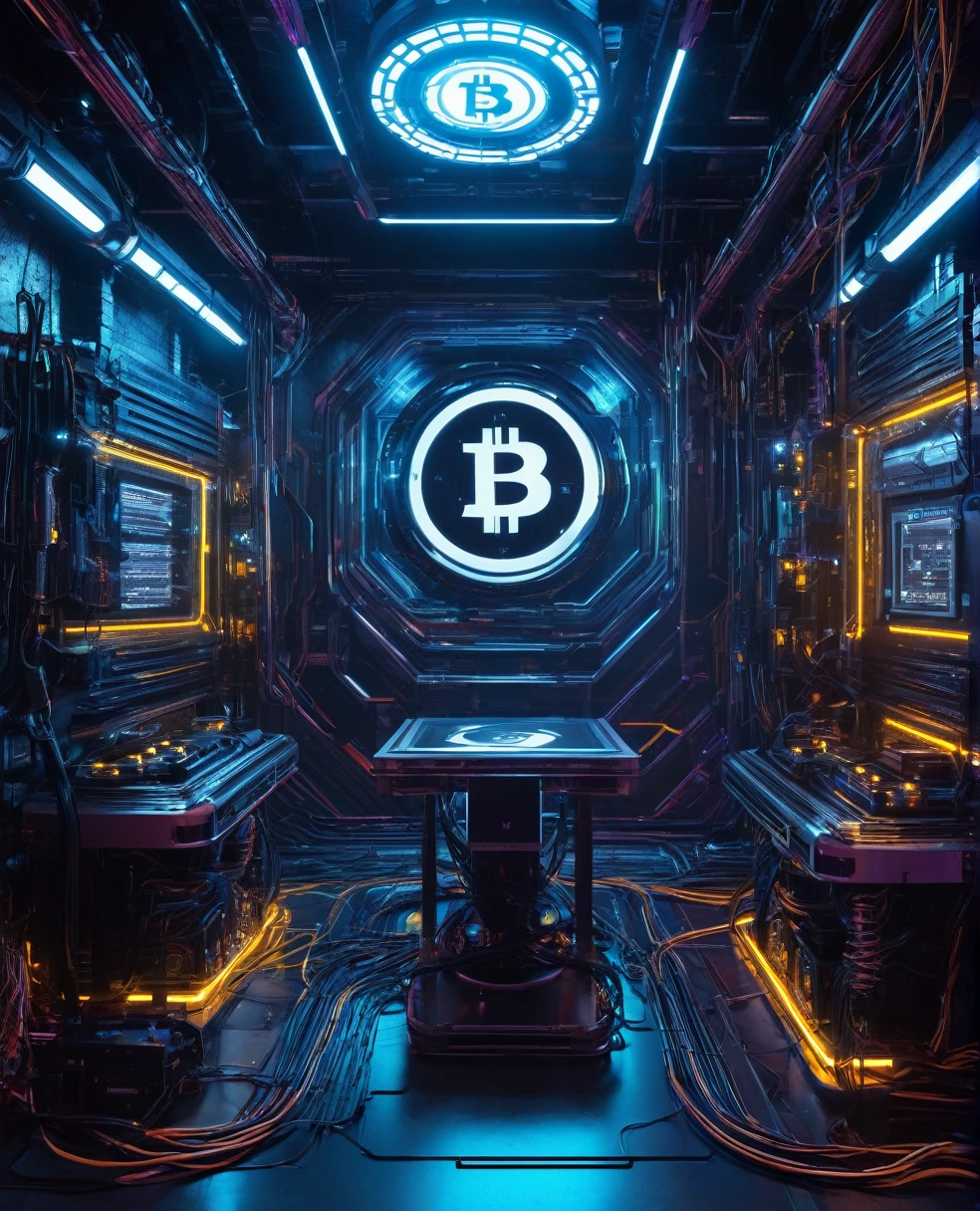 A futuristic room with highly technological miners mining Bitcoin, the Bitcoin symbol in a technological and electronic scenario, cyberpunk and futuristic, Science fiction, hightech, photo realist, best qualityer