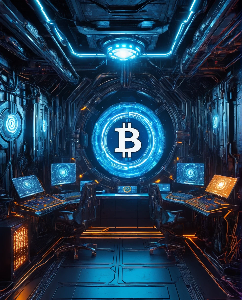 A futuristic room with highly technological miners mining Bitcoin, the Bitcoin symbol in a technological and electronic scenario, cyberpunk and futuristic, Science fiction, hightech, photo realist, best qualityer