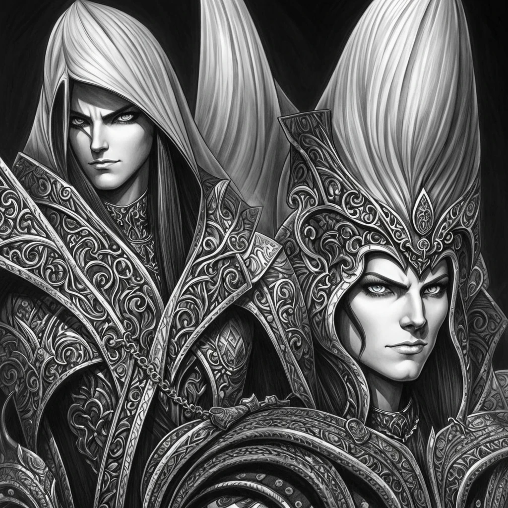 Arwin, queen, white and black, pencil draw, sketch, style of Anne Stokes, by Anne Stokes, white cloak, Dungeons & Dragons art, fantasy, trees on background, no pupils, angry, white hair, high detail, from above, panorama, anatomically correct, super detail, high quality, best quality, highres, 4K