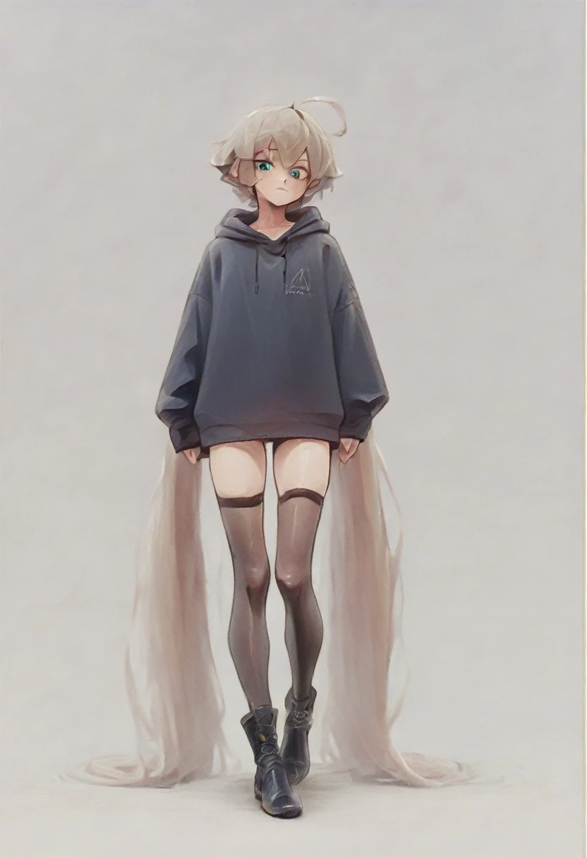 short hair, ahoge, long twin tails, green eyes, black hoodie, black thighhighs, black boots