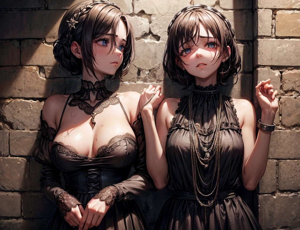5 beautiful slaves both hands are tied in a prison cell with chains on her neck
Their dress are dirty she also looks dirty because they are captured and tears are in their eyes... Make them dirty like they came from the streets
Make the background with cobblestone walls and is gloom sad and dark