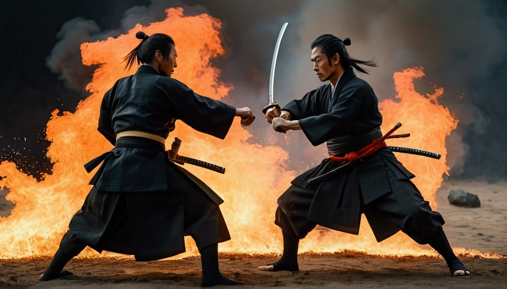 Two samurai with swords fighting,Realistic effect of wearing black hakama, Blur the background, 8K, Fire burning on the ground,