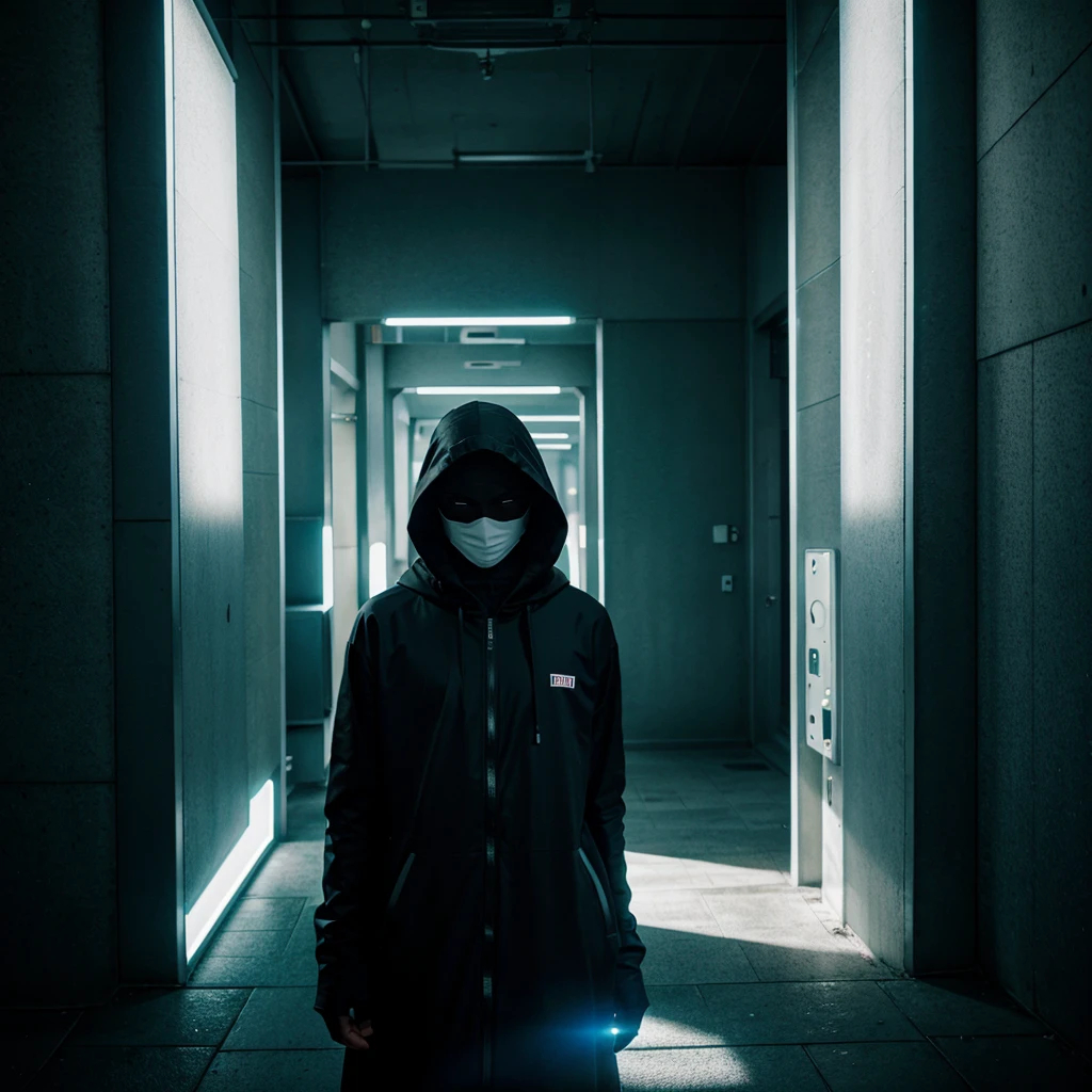 masked hooded man color corridor neon liminal space cold light tamisé omoide tokyo