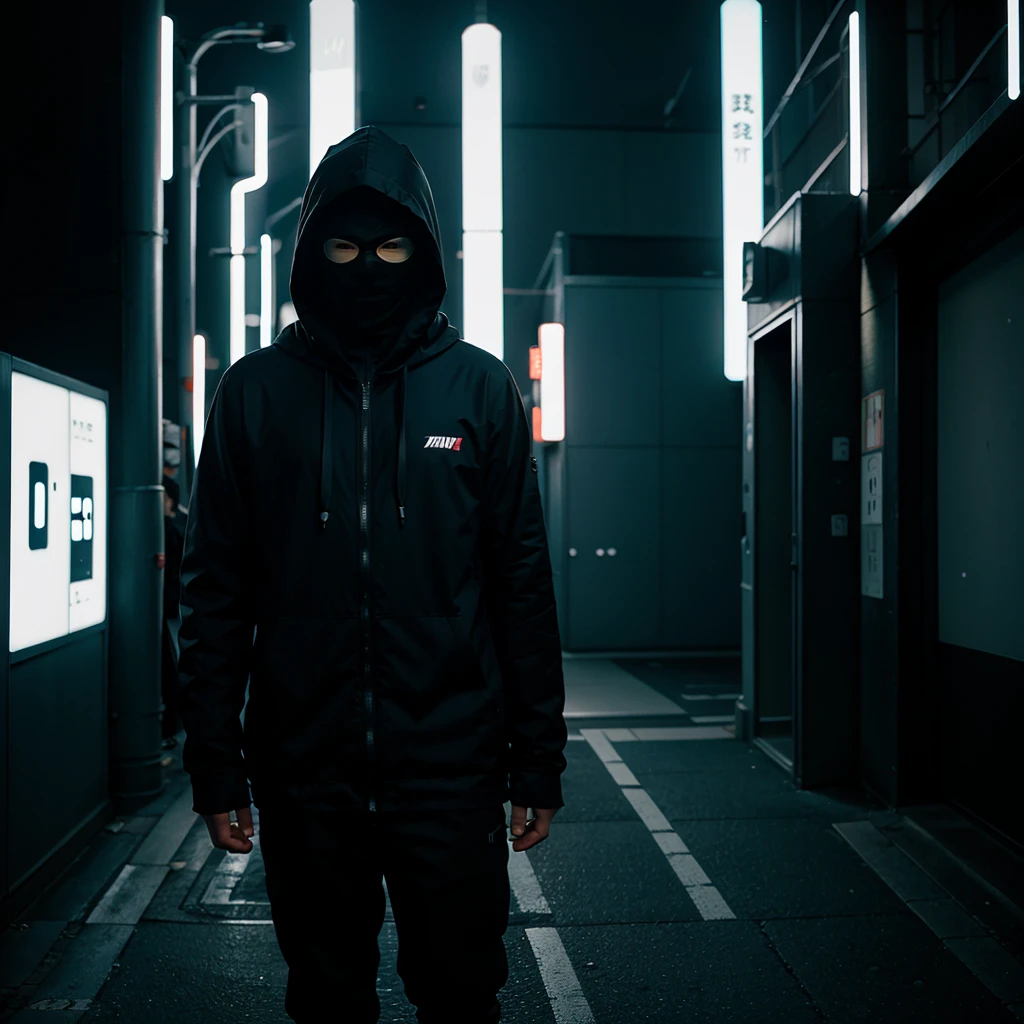 masked hooded man color corridor neon liminal space cold light tamisé omoide tokyo