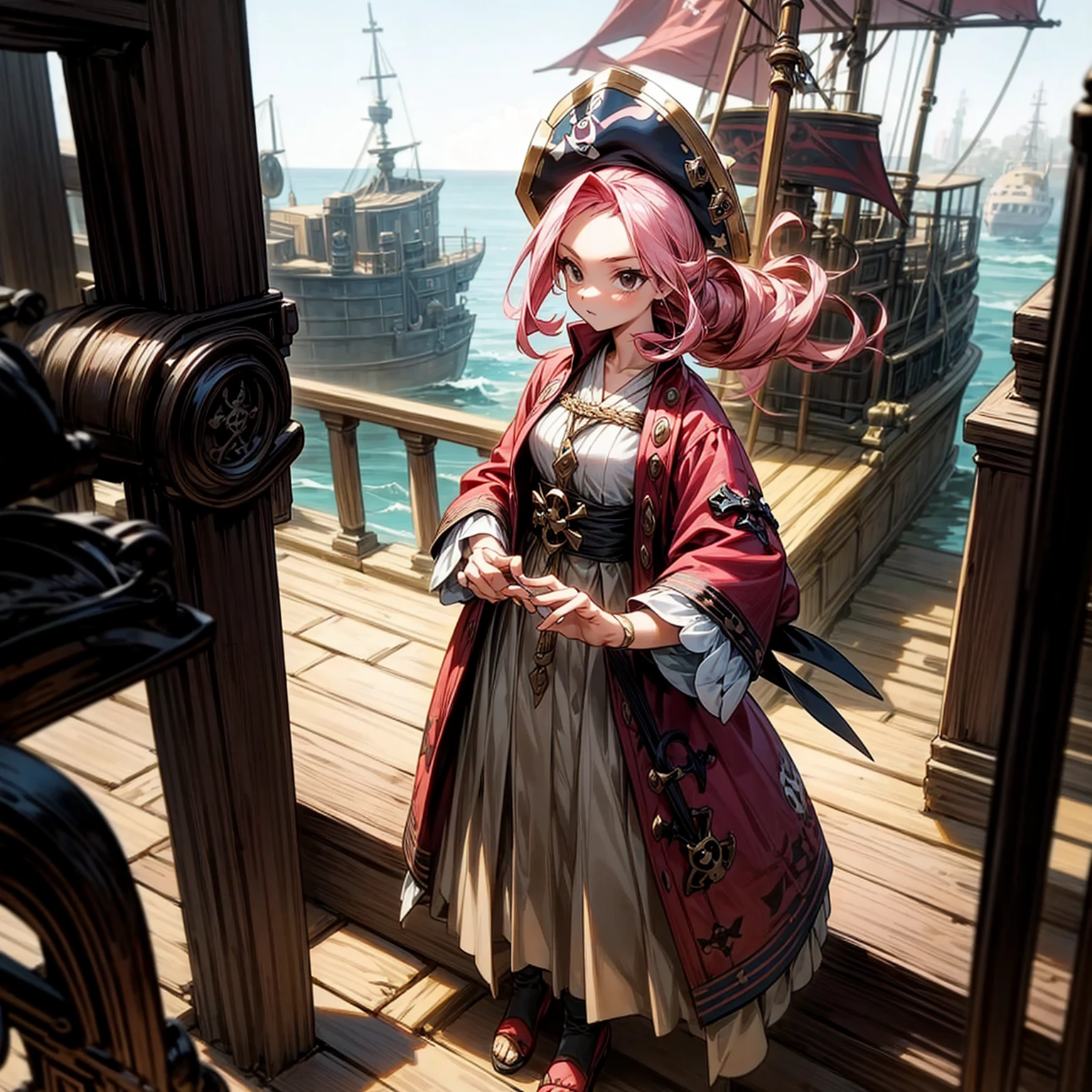 1girl, Full body version, 1character, girl version, black eyes, long Curly haircut, pink colour hair, ancient pirate style clothing, red colour clothing, Grassroots, background in the ship, motion blur, (pokemon style), standing gesture, pirate hat, 