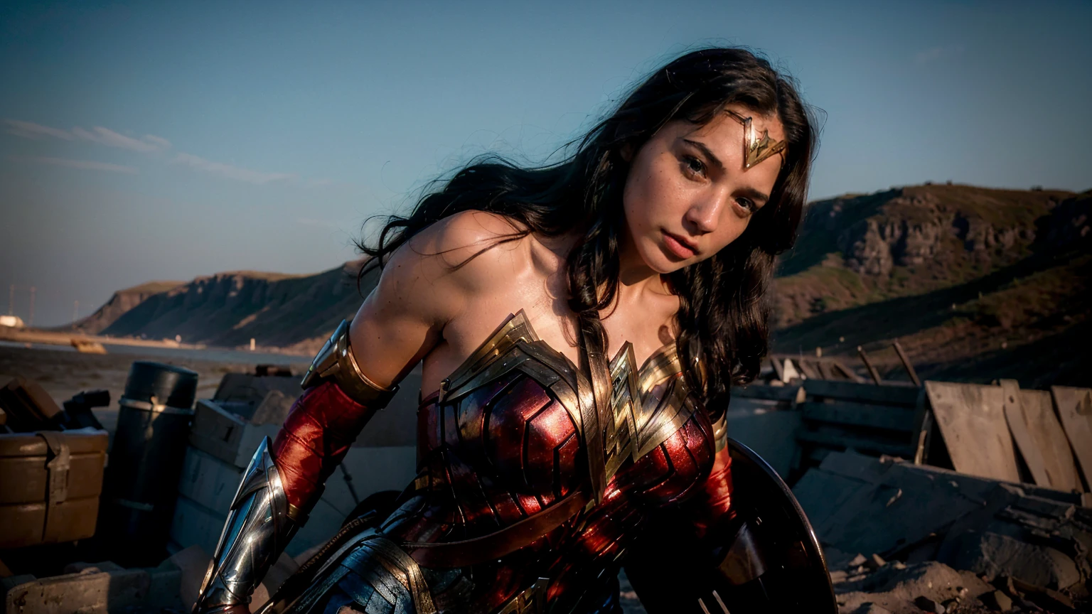 ((masterpiece), (solo character), (photorealistic:1.4), ),(best quality), (epiCRealLife), (g4lg), (wonder woman armor), (g4lg large breasts), (g4lg show cleavages), (Gal Godot in wonder woman costume), (lora:epiCFlashPhoto),(flashphoto), (flash photography) (look at viewers),  (battlefield scene), (outdoor), 