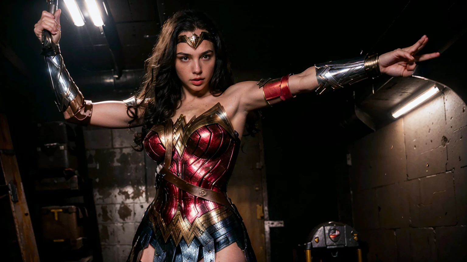 ((masterpiece), (solo character), (photorealistic:1.4), ),(best quality), (epiCRealLife), (g4lg), (wonder woman armor), (g4lg large breasts), (g4lg show cleavages), (Gal Godot in wonder woman costume), (lora:epiCFlashPhoto),(flashphoto), (flash photography) (look at viewers), (battlefield scene), (outdoor),