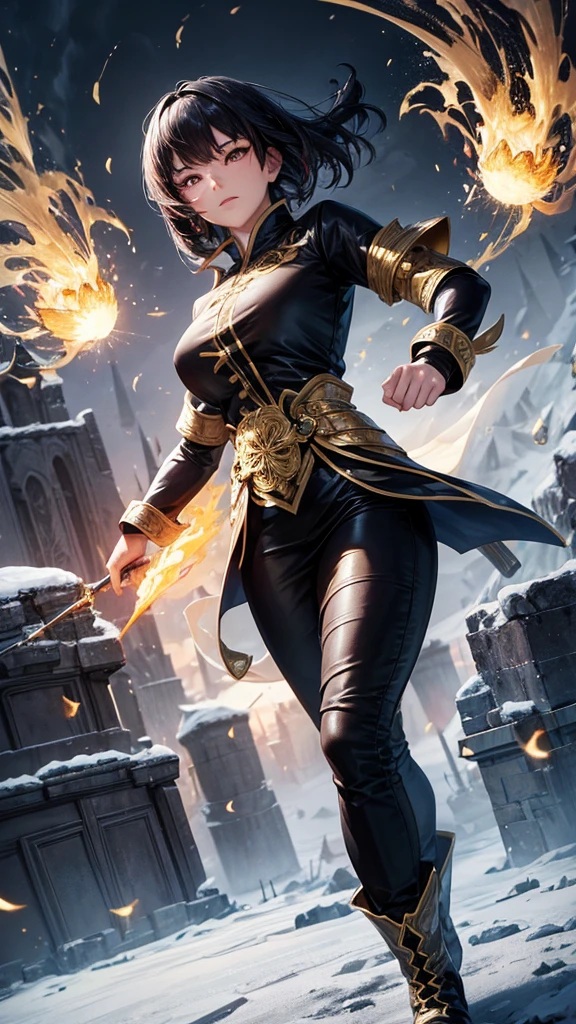 An Asian woman, short 
Fantasy magician outfit, black with gold trim, 3D realistic body, gold hair, sparkling golden eyes, boots, a large owl lightning spirit with bright lightning all around. and stood on the ground fiercely golden magic letters Several large magic rings appeared behind him. Behind him, the ruins of the castle were lit on fire amidst the falling snow. Darker tones capture the full effect.