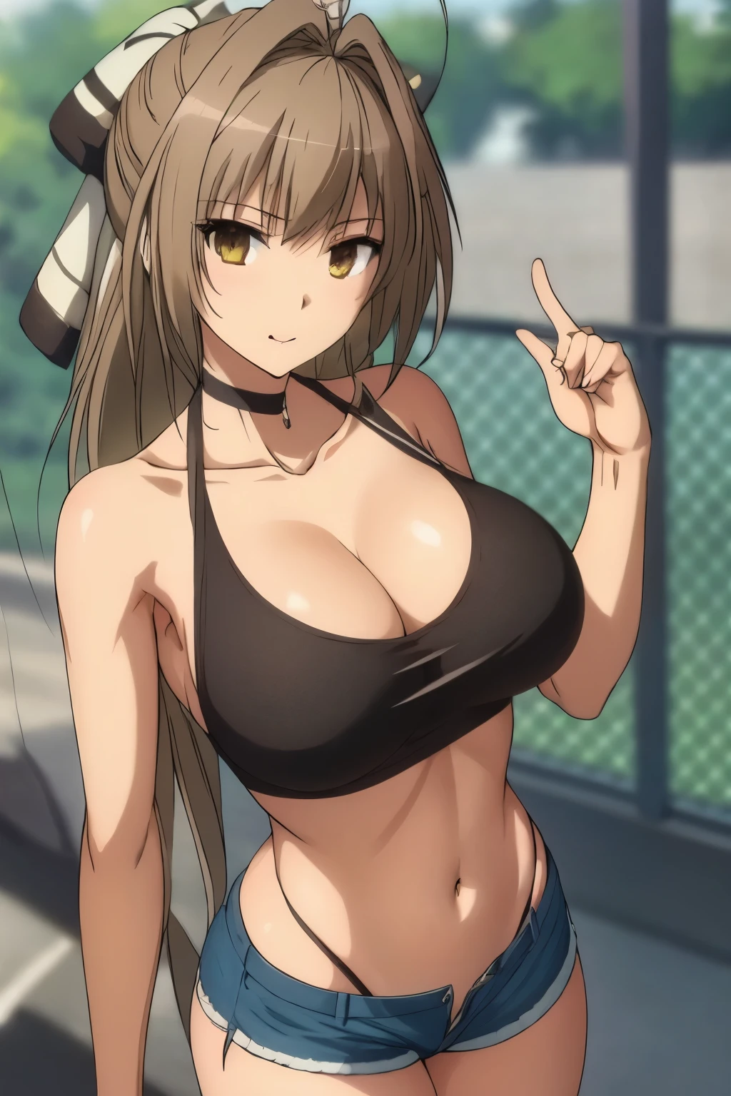 outdoor, street,cyberpunk_City View, (very detailed background), dynamic pose, , dynamic angle, ,Horse tail, blonde hair, hair ribbon, dakinis, (((Dark_fur, improve, jewelry,Short shirt, denim shorts))), belly button cutout, ((under the chest)), 1 girl, 20 years,mature woman,beautiful finger,hermoso long legs,beautiful bodysuit,beautiful nose, Perfect eyes, perfect face,(Hermoso detailed eyes),((mature woman:1.1)),((mqmf:1.1)),make up,Chapped lips,(shiny fur:1.1),(perfect female body:1.2),(gorgeous detailed fur),(detailed Cabello), looking at the viewer, seductive smile, naughty rostro, tongue out, ray_tracking,intricate details,depth of field, extremely delicate and hermoso,