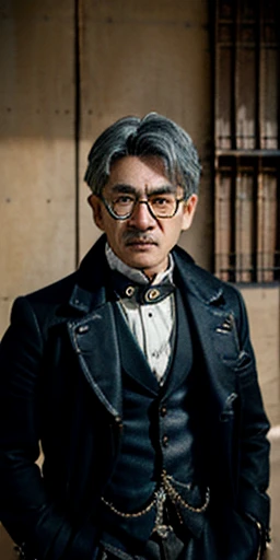  A photorealistic, UHD, realistic picture of an angry 50 year-old Asian male elf in gray steampunk clothes, wide face, gray hair, serious face;  wearing dark Victorian clothes, dark blue coat, spectacles, frowning, realistic skin tone, realistic textures, standing in a steampunk office