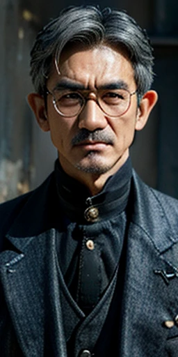  A photorealistic, UHD, realistic picture of an angry 50 year-old Asian male elf in gray steampunk clothes, wide face, gray hair, serious face;  wearing dark Victorian clothes, dark blue coat, spectacles, frowning, realistic skin tone, realistic textures, standing in a steampunk office