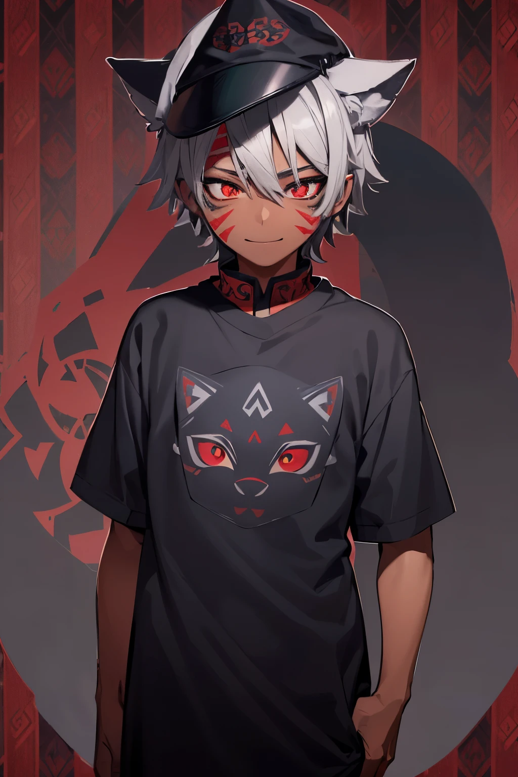1 man,chibi,((full body)),((standing)),wolf ear,(black color cap),dove gray hair,blue ayes,detailed eyes,green background,half-closed eyes,asian,dark-skinned male,undisturbed clothing,sleepy,(((Red patterned makeup on the face))),black Triangular makeup on the face,smile, happy