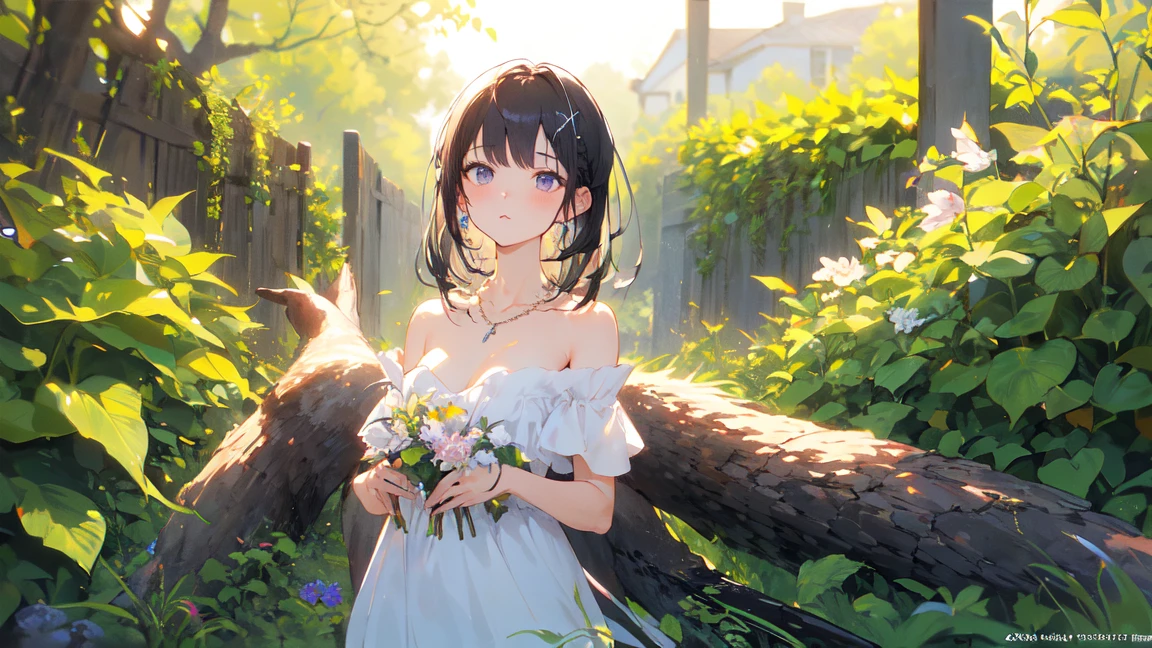 A beautiful girl, hair over the shoulder, clear eyes, smooth hair, exquisite and perfect facial features, the most beautiful big eyes, long eyelashes, sweet eyes with lying silkworms, pout, dynamic angle, ultimate picture quality, the highest precision, accurate and perfect human body, necklace, bust, close-up, outdoors, background is flowers and plants, long shot, full body shot,