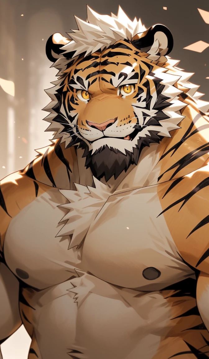 anthro ((tiger)), furry, tiger, white fur, (white hair:1.5), beard, male, black eyebrows, yellow eyes, masterpiece, (no stripes on face:1.5), ((Best quality)), character focus solo, handsome, middle-aged, mature, muscle body, sexy, dilf, full body, (((Jin Qiu))), ((naked body)), ((muscle)), ((bara)), ((erection upward)), ((sperms on body)), wrap by red ribbons, chuckle, cool.