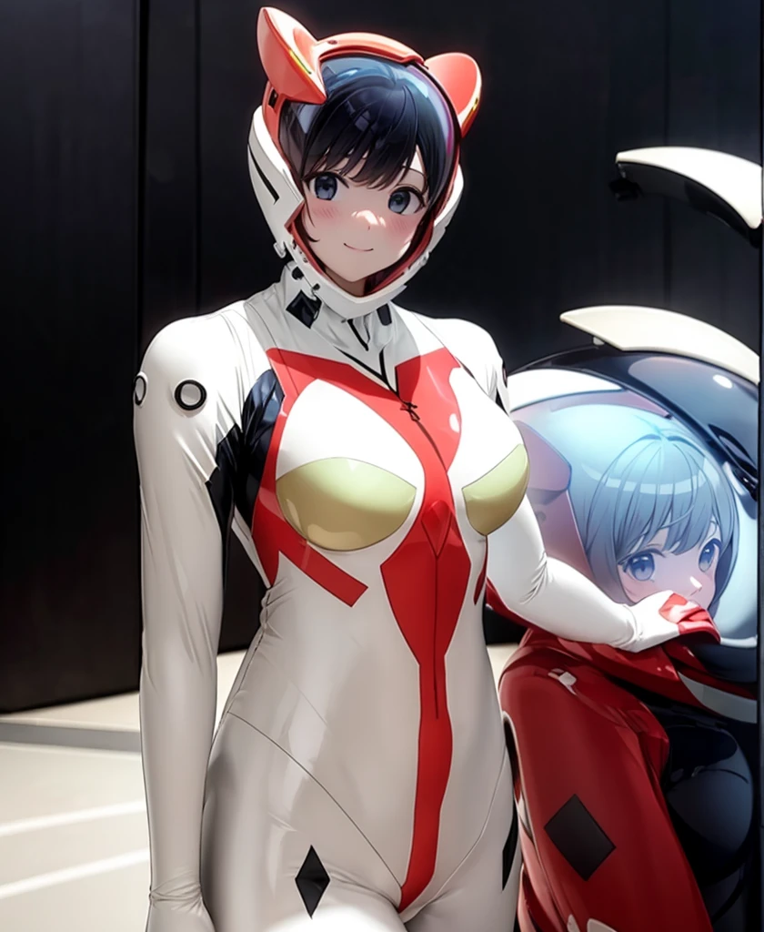 (baburuherumetto,Browsing Caution,masterpiece,Highest quality,, masterpiece, Highest quality,, , ,, blush, girl, sex Eva Helmet, Spacesuit , astronaut), Very short hair, Black Hair, baburuherumetto, Anime Style, Cinematic Light, Medium chest,Bodysuits, Plug Suit, 紺色Bodysuits, Space Helmet , Eva Helm, smile,cute