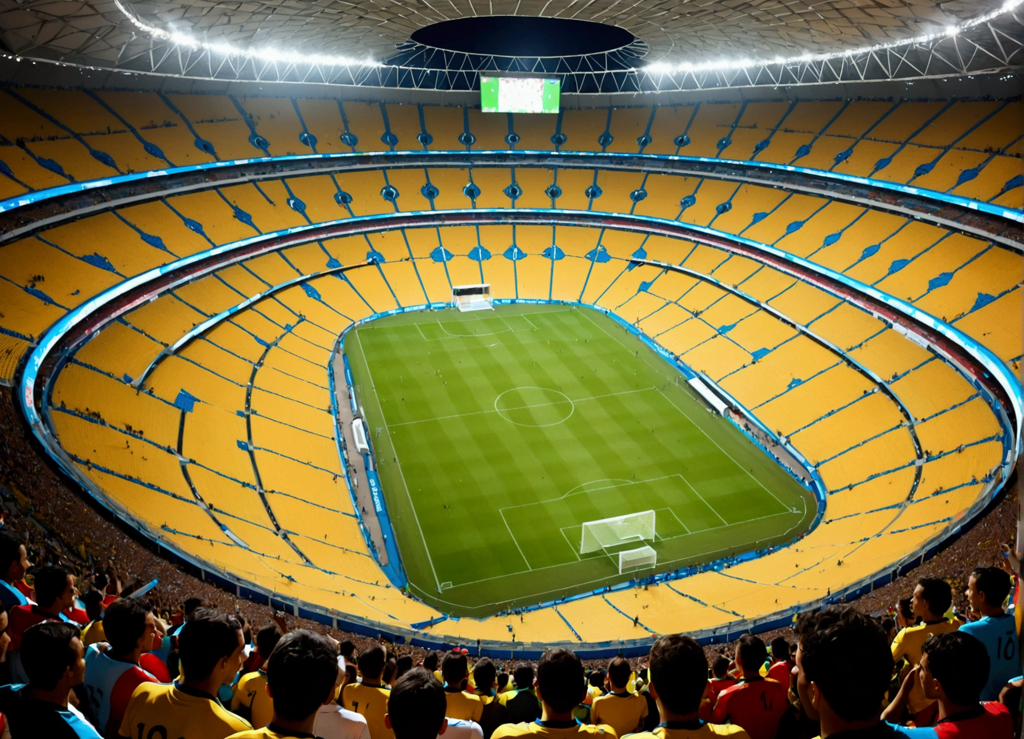 The Maracana full of people, banderas, players seen from above