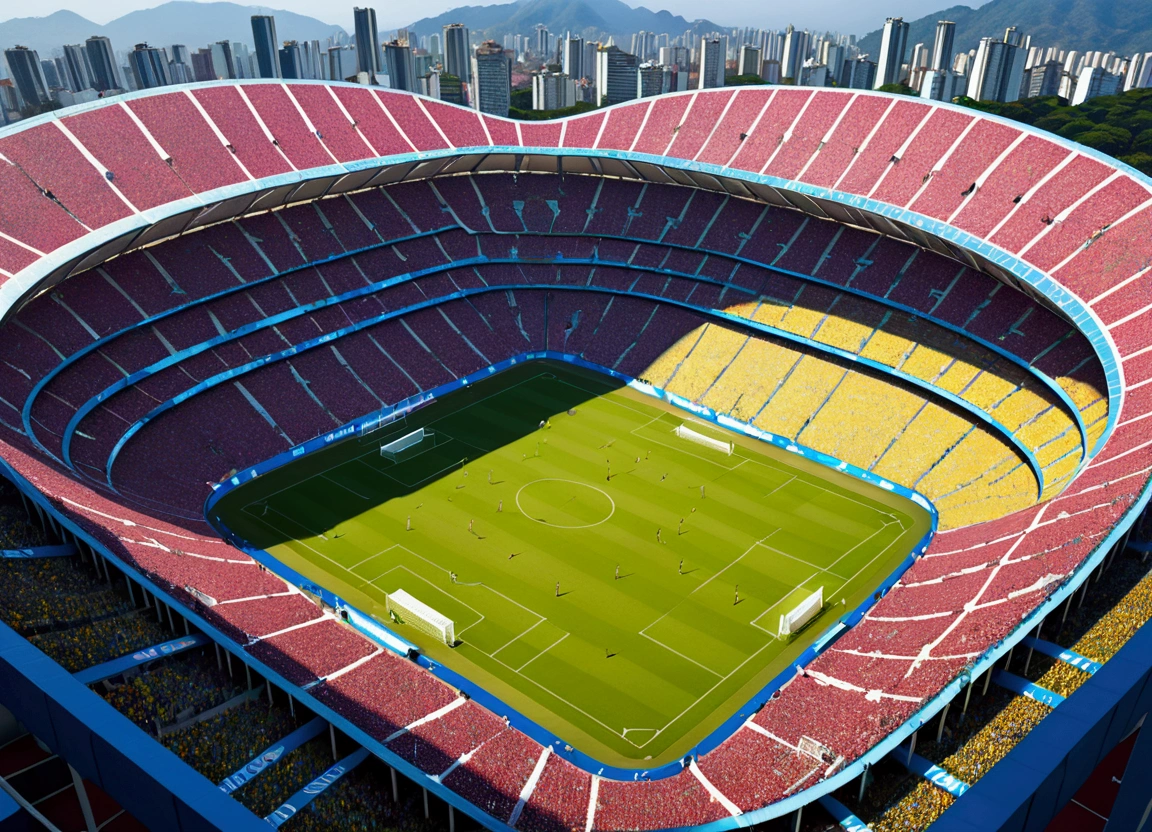 The Maracana full of people, banderas, players seen from above